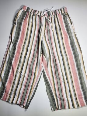 Linen Blend Striped Cropped Pants Drawstring Waist Coastal Boho L